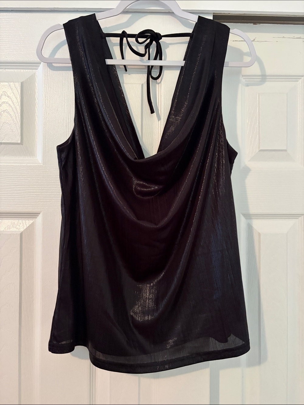 New York & Company Black Sleeveless Draped V-Neck Tank with Tie-Back